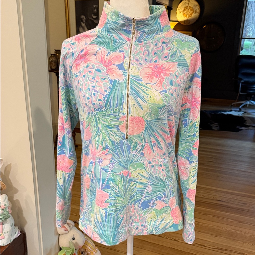 Lilly Pulitzer Pink, Blue & Green Tropical Quarter-Zip Pullover